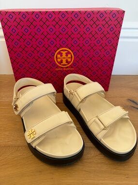 Tory Burch KIRA Sport Sandal ivory leather with black sole size US 9